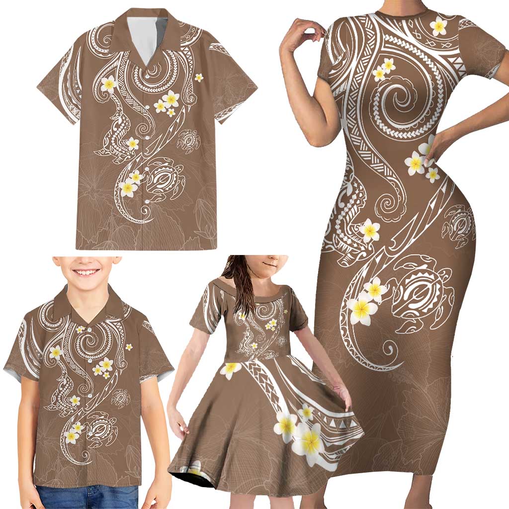 Polynesia Tribal Family Matching Short Sleeve Bodycon Dress and Hawaiian Shirt Mocha Plumeria Tentacles