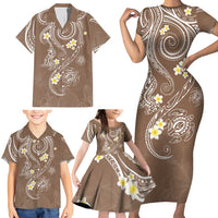 Polynesia Tribal Family Matching Short Sleeve Bodycon Dress and Hawaiian Shirt Mocha Plumeria Tentacles