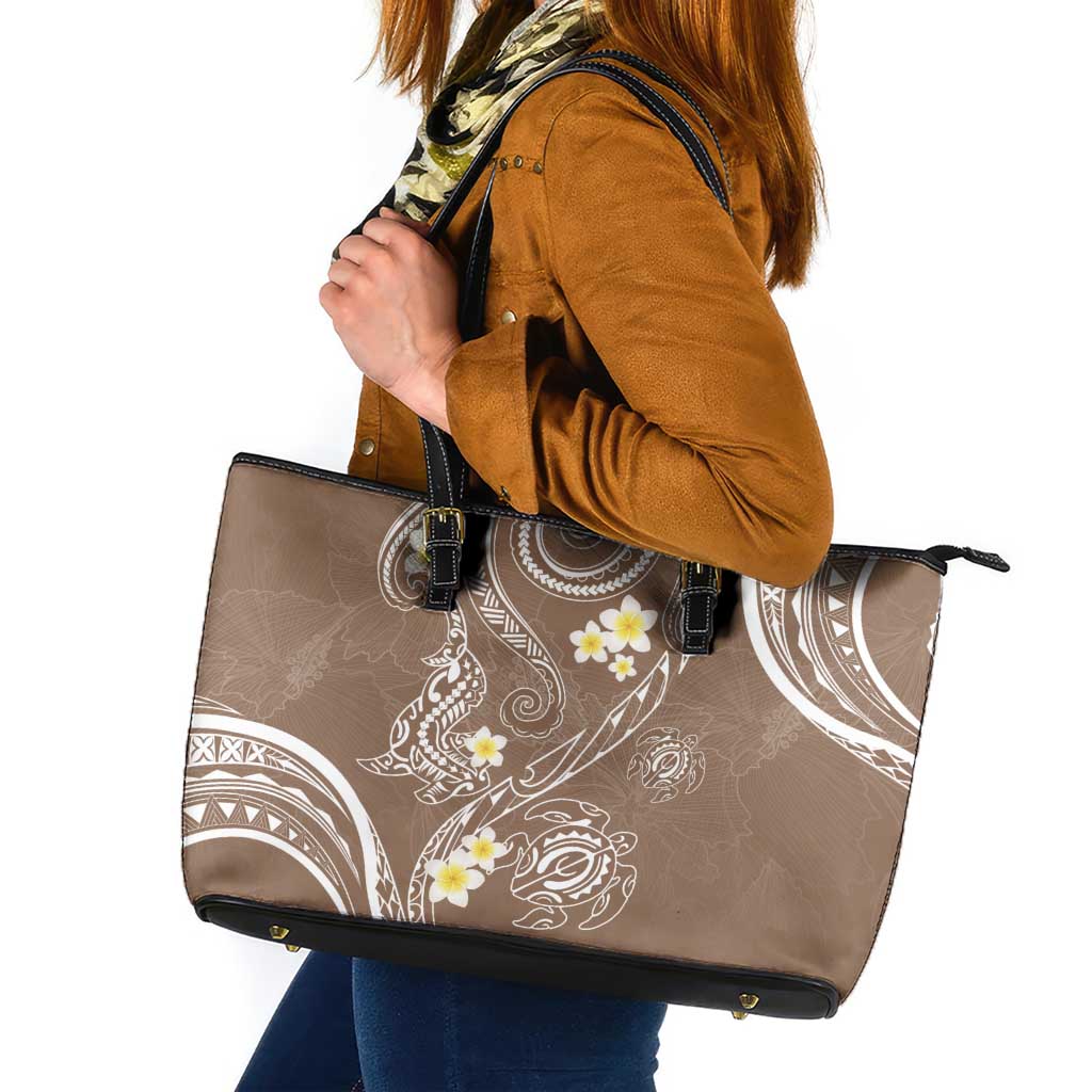 Polynesia Tribal Leather Tote Bag Mocha Plumeria Tentacles