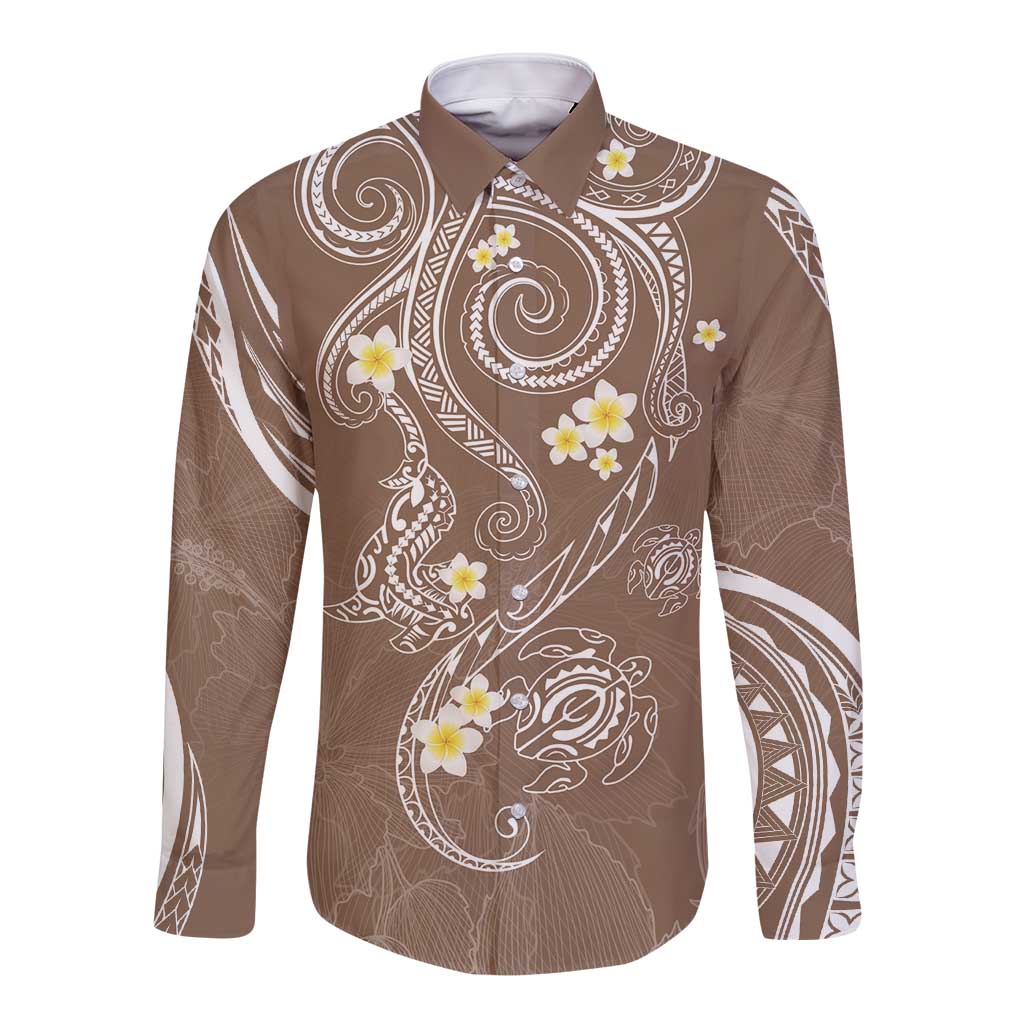 Polynesia Tribal Long Sleeve Button Shirt Mocha Plumeria Tentacles LT7 Unisex Mocha - Polynesian Pride