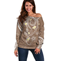 Polynesia Tribal Off Shoulder Sweater Mocha Plumeria Tentacles