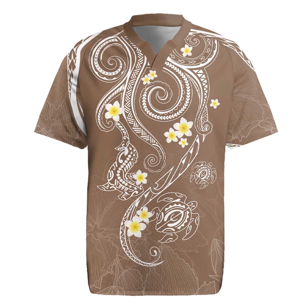 Polynesia Tribal Rugby Jersey Mocha Plumeria Tentacles