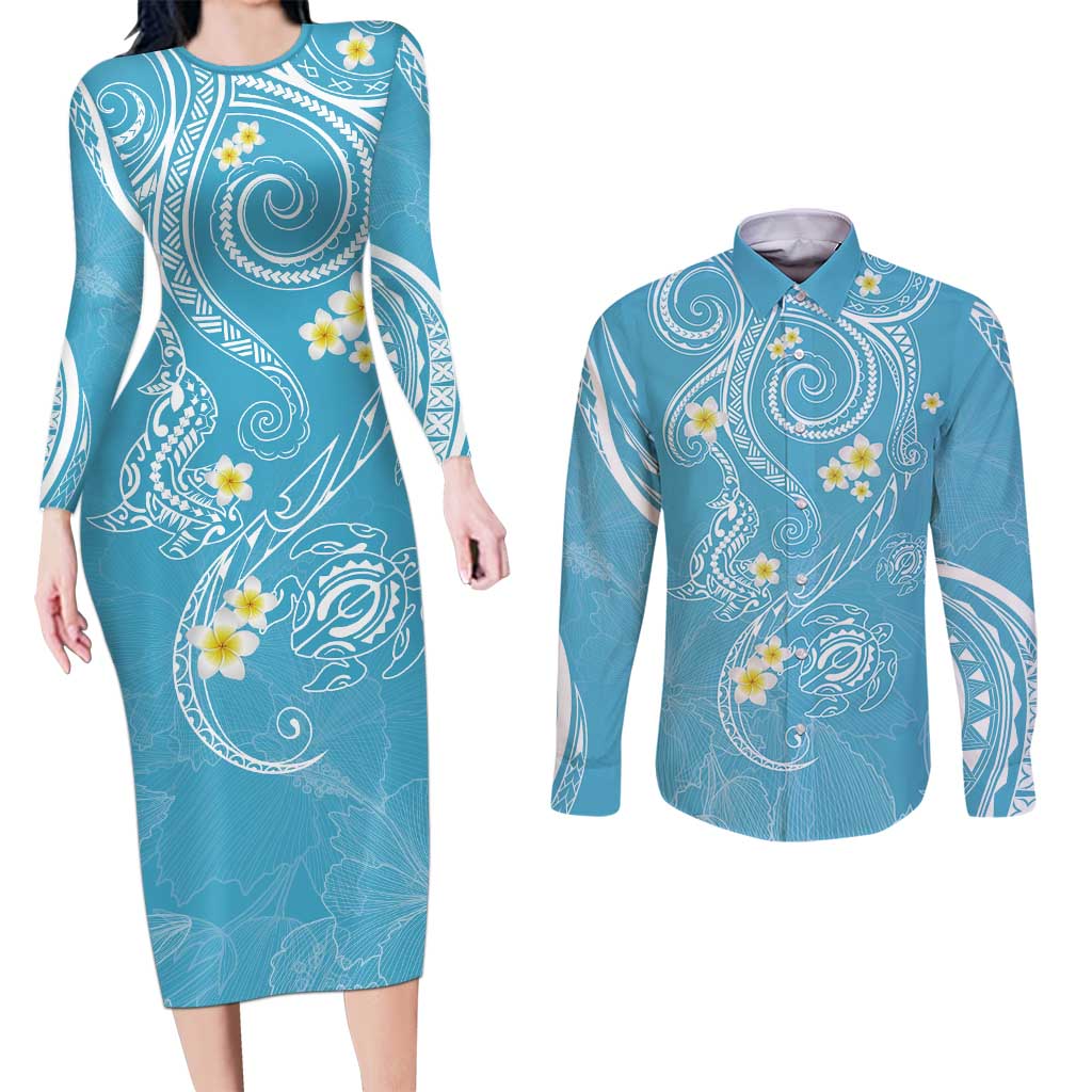 Polynesia Tribal Couples Matching Long Sleeve Bodycon Dress and Long Sleeve Button Shirt Turquoise Plumeria Tentacles