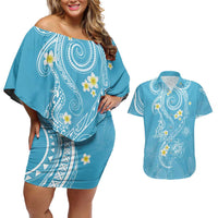 Polynesia Tribal Couples Matching Off Shoulder Short Dress and Hawaiian Shirt Turquoise Plumeria Tentacles LT7 Turquoise - Polynesian Pride