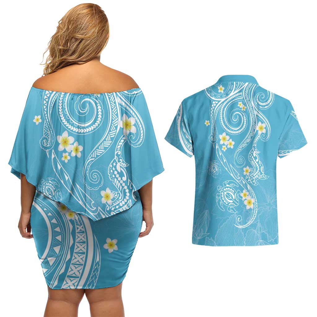 Polynesia Tribal Couples Matching Off Shoulder Short Dress and Hawaiian Shirt Turquoise Plumeria Tentacles LT7 - Polynesian Pride