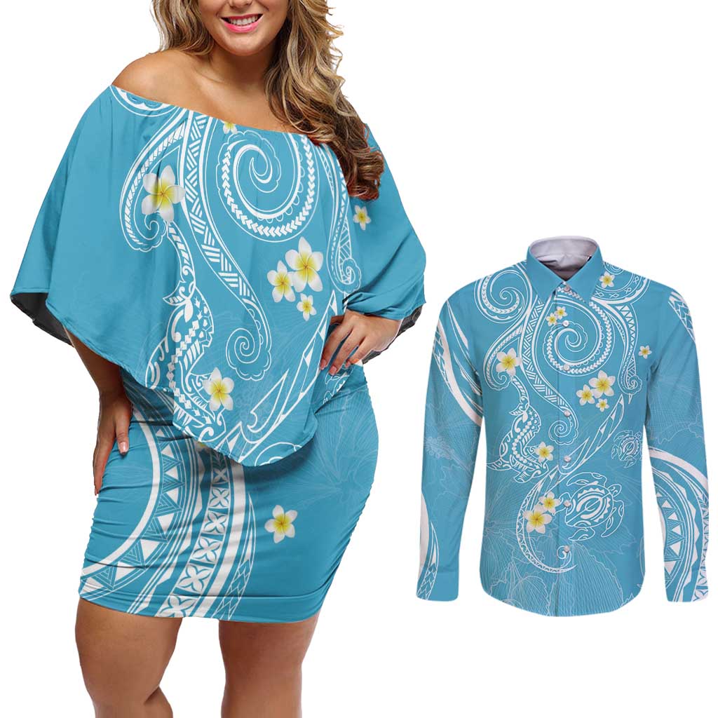 Polynesia Tribal Couples Matching Off Shoulder Short Dress and Long Sleeve Button Shirt Turquoise Plumeria Tentacles LT7 Turquoise - Polynesian Pride