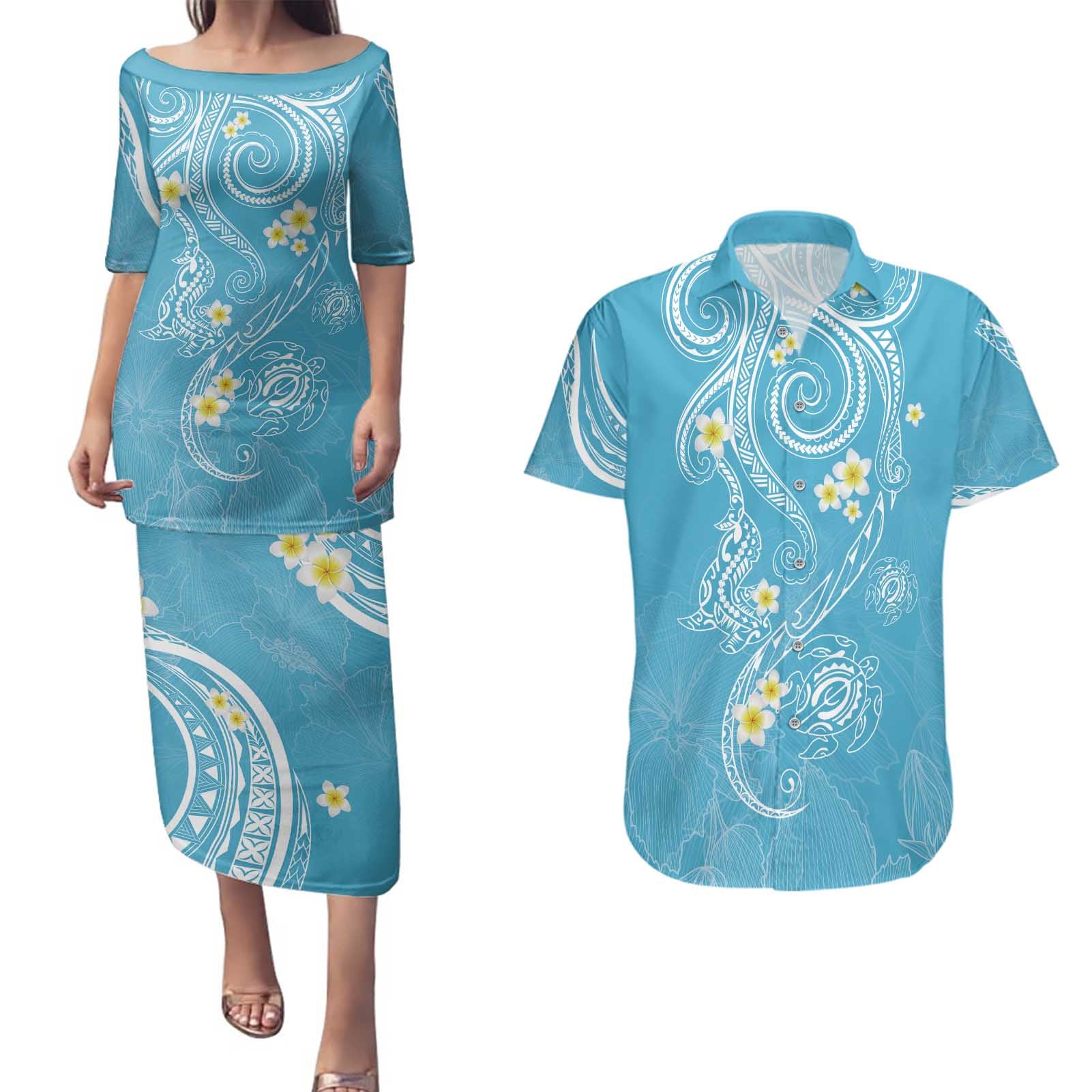 Polynesia Tribal Couples Matching Puletasi and Hawaiian Shirt Turquoise Plumeria Tentacles