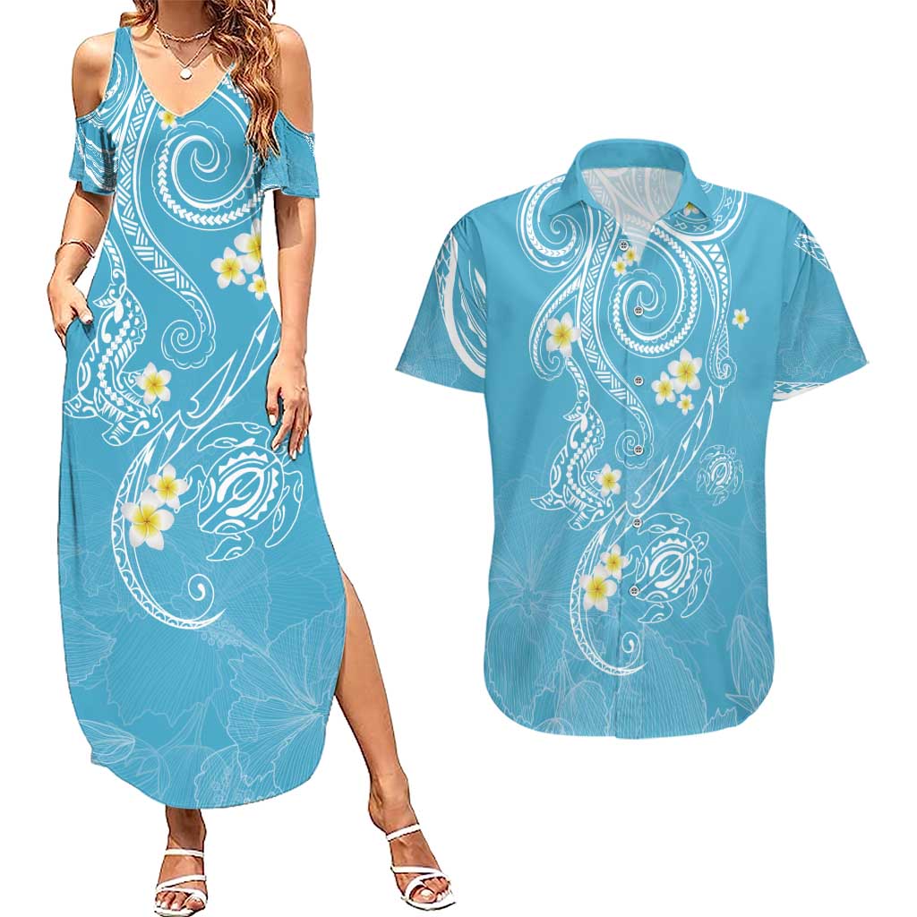 Polynesia Tribal Couples Matching Summer Maxi Dress and Hawaiian Shirt Turquoise Plumeria Tentacles