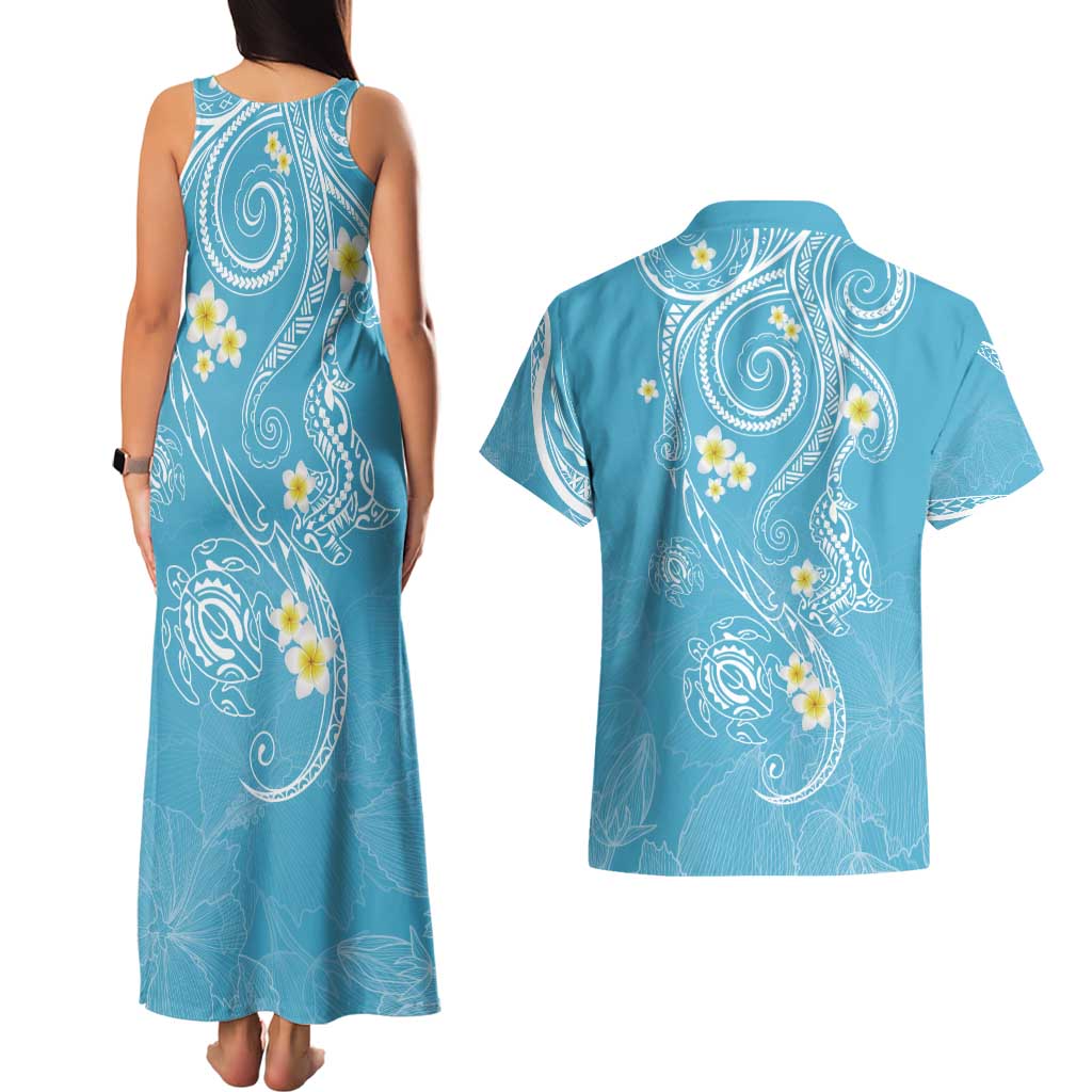 Polynesia Tribal Couples Matching Tank Maxi Dress and Hawaiian Shirt Turquoise Plumeria Tentacles