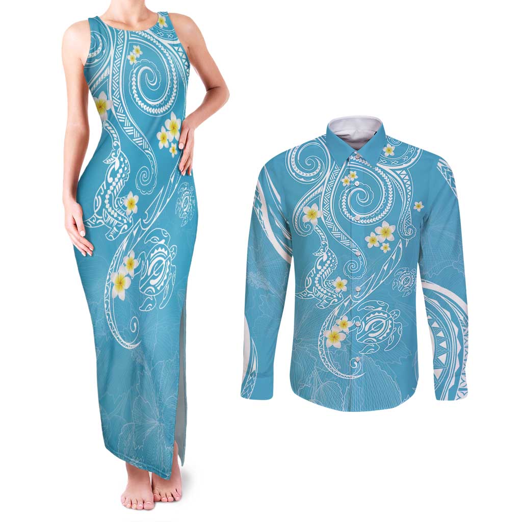 Polynesia Tribal Couples Matching Tank Maxi Dress and Long Sleeve Button Shirt Turquoise Plumeria Tentacles