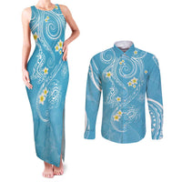Polynesia Tribal Couples Matching Tank Maxi Dress and Long Sleeve Button Shirt Turquoise Plumeria Tentacles
