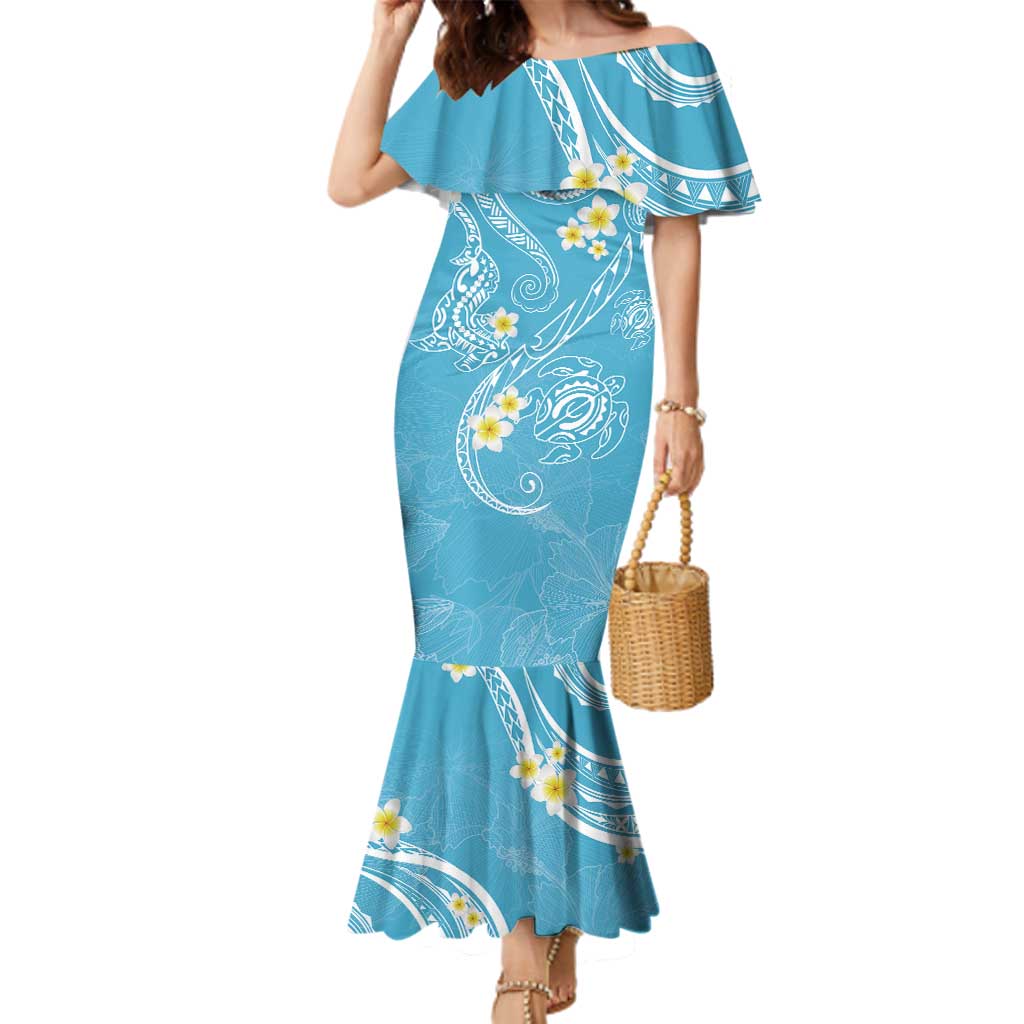 Polynesia Tribal Family Matching Mermaid Dress and Hawaiian Shirt Turquoise Plumeria Tentacles