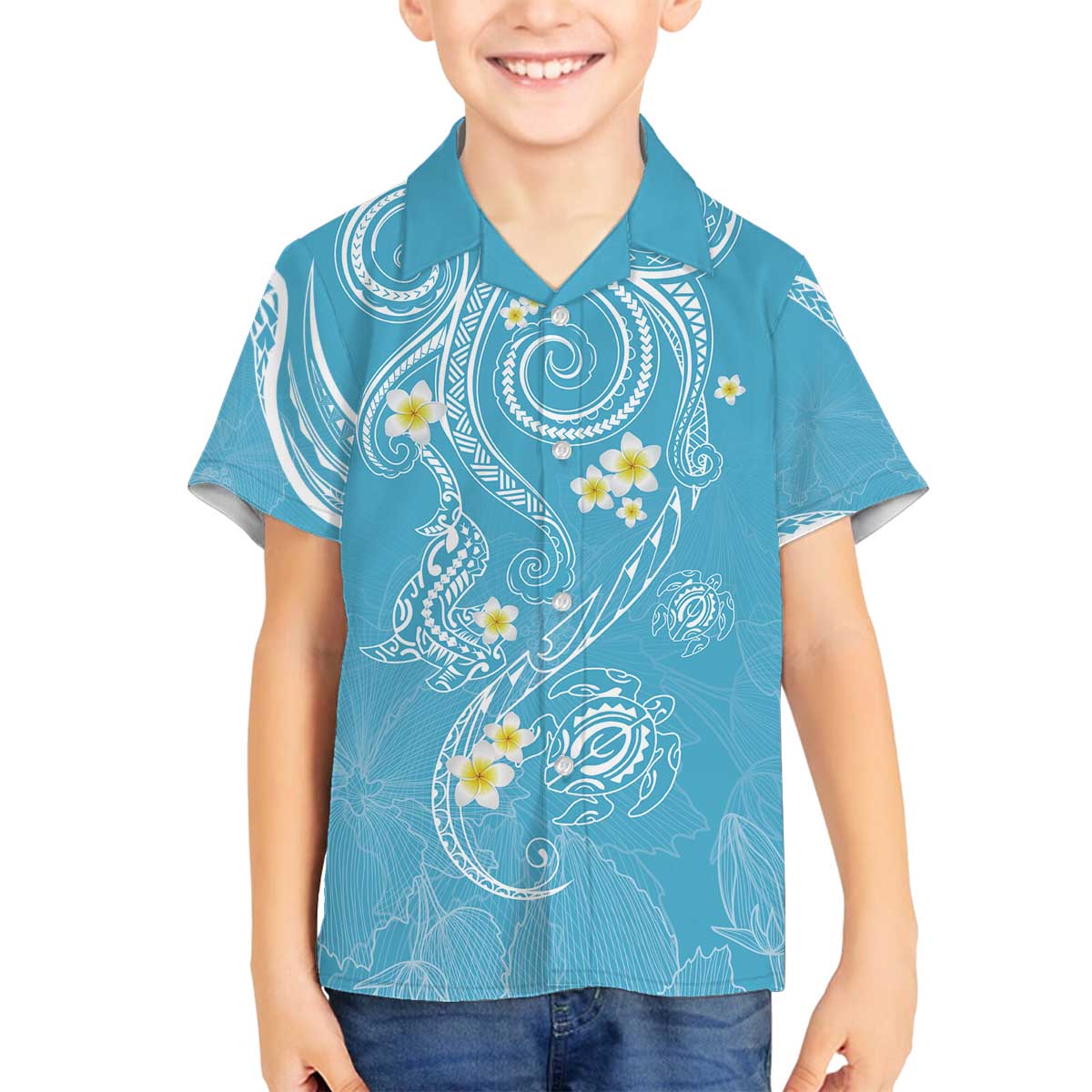 Polynesia Tribal Family Matching Off The Shoulder Long Sleeve Dress and Hawaiian Shirt Turquoise Plumeria Tentacles