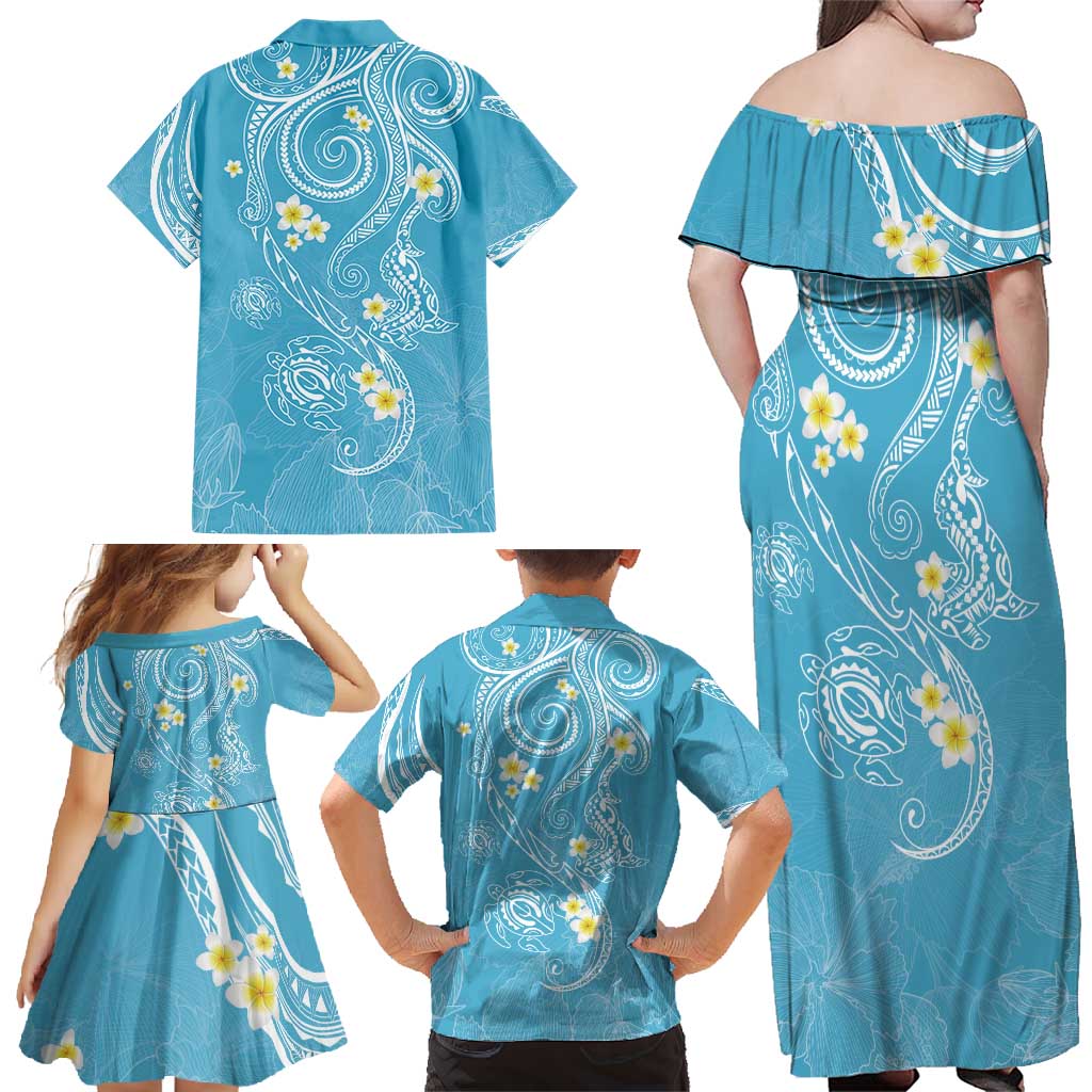 Polynesia Tribal Family Matching Off Shoulder Maxi Dress and Hawaiian Shirt Turquoise Plumeria Tentacles