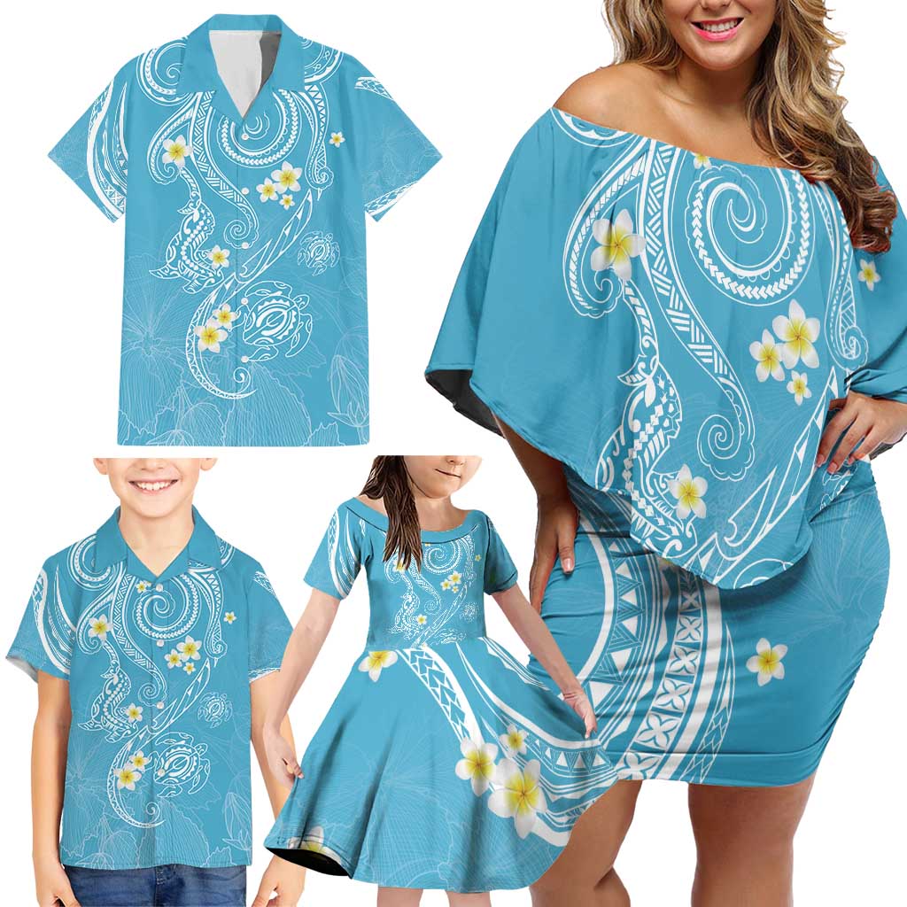 Polynesia Tribal Family Matching Off Shoulder Short Dress and Hawaiian Shirt Turquoise Plumeria Tentacles