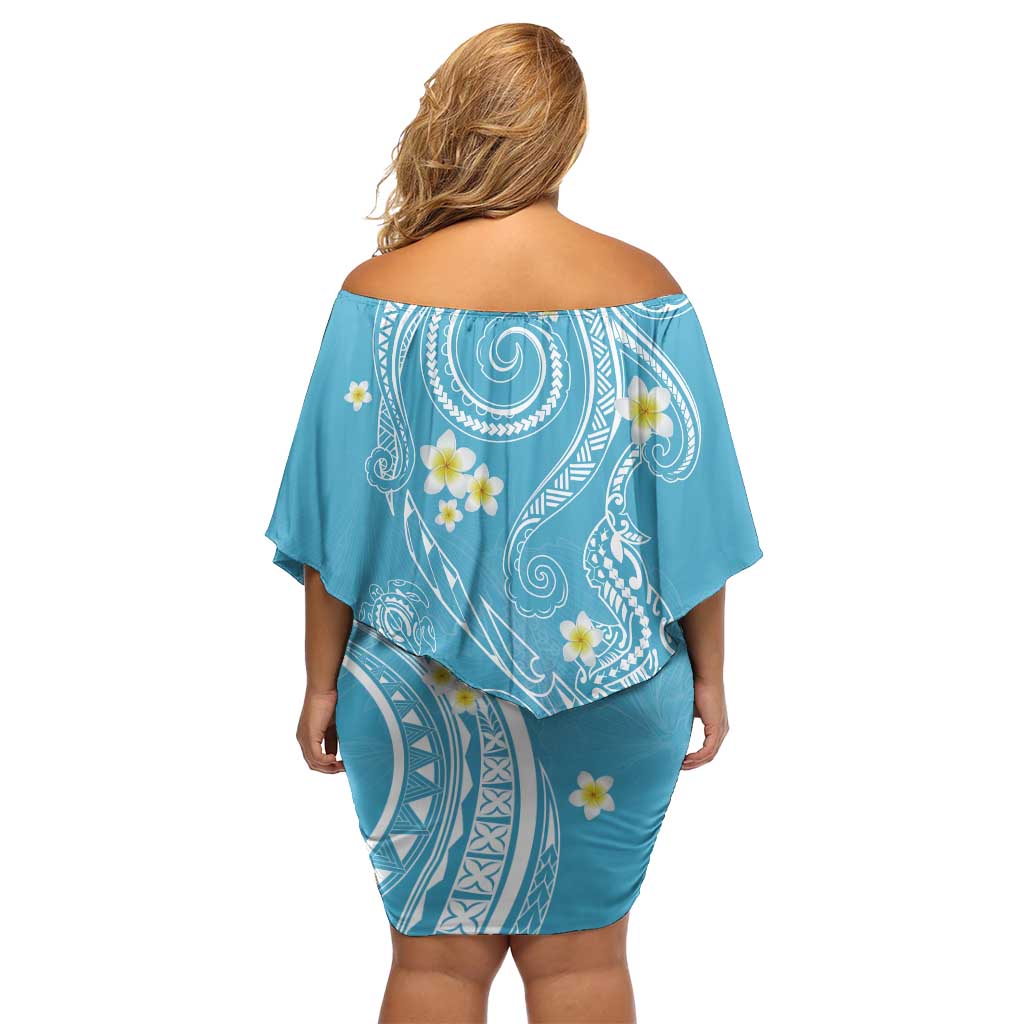 Polynesia Tribal Family Matching Off Shoulder Short Dress and Hawaiian Shirt Turquoise Plumeria Tentacles
