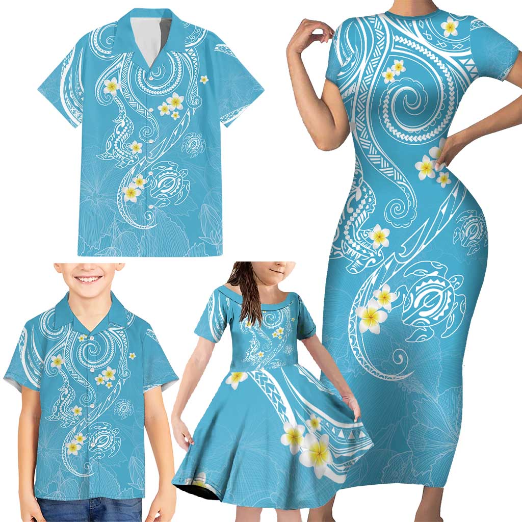 Polynesia Tribal Family Matching Short Sleeve Bodycon Dress and Hawaiian Shirt Turquoise Plumeria Tentacles