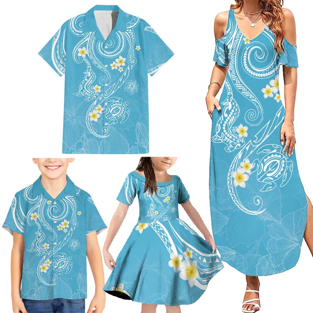Polynesia Tribal Family Matching Summer Maxi Dress and Hawaiian Shirt Turquoise Plumeria Tentacles