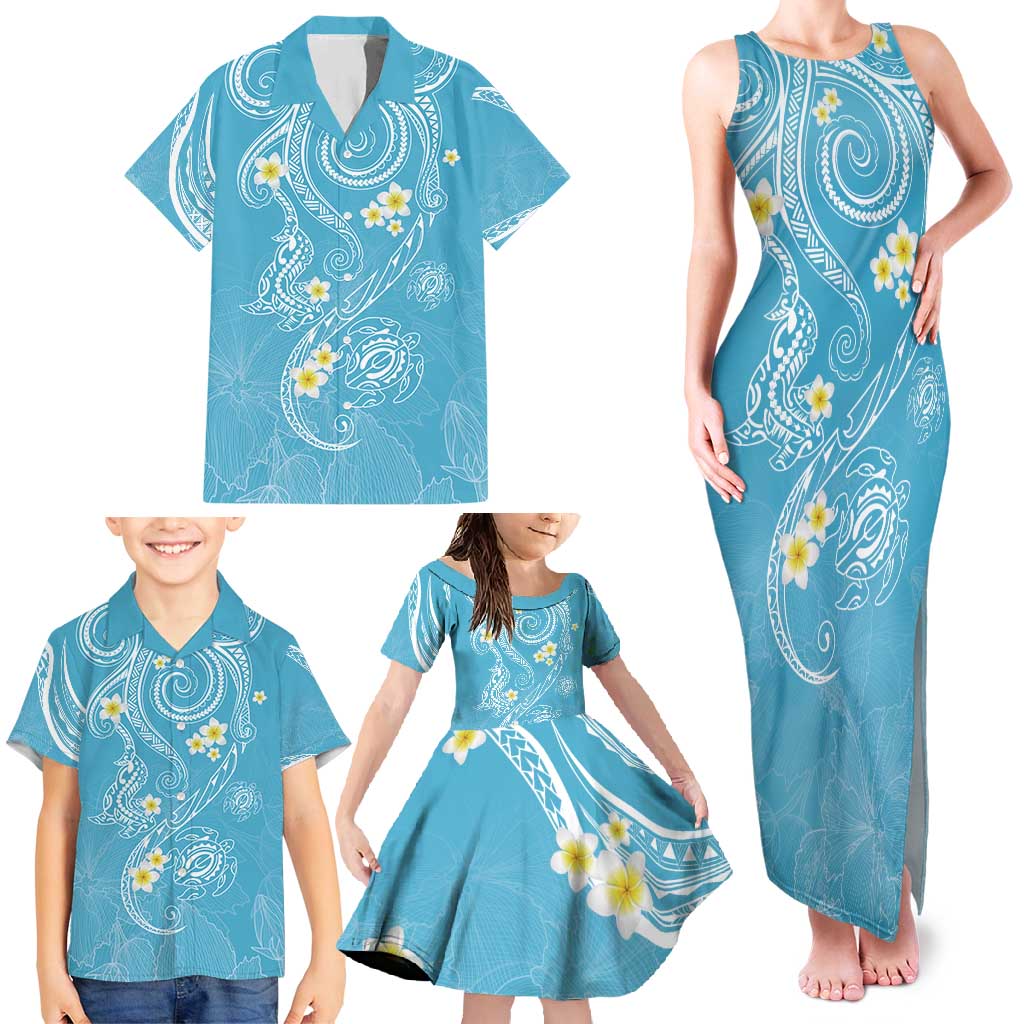 Polynesia Tribal Family Matching Tank Maxi Dress and Hawaiian Shirt Turquoise Plumeria Tentacles