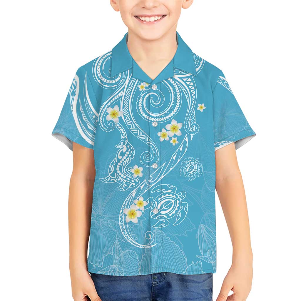 Polynesia Tribal Kid Hawaiian Shirt Turquoise Plumeria Tentacles