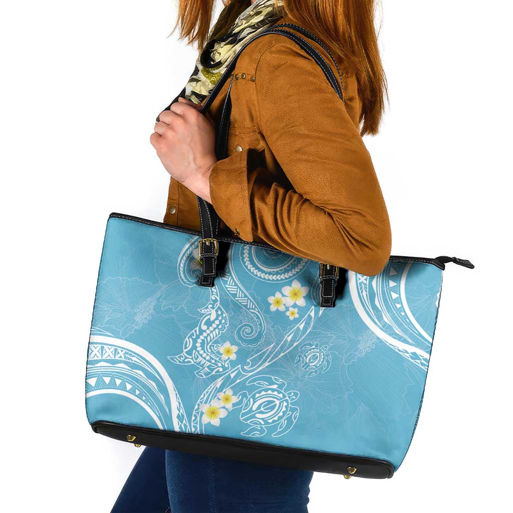 Polynesia Tribal Leather Tote Bag Turquoise Plumeria Tentacles