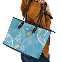 Polynesia Tribal Leather Tote Bag Turquoise Plumeria Tentacles