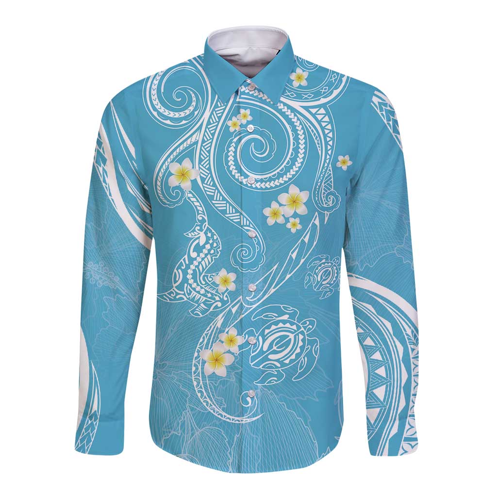 Polynesia Tribal Long Sleeve Button Shirt Turquoise Plumeria Tentacles LT7 Unisex Turquoise - Polynesian Pride
