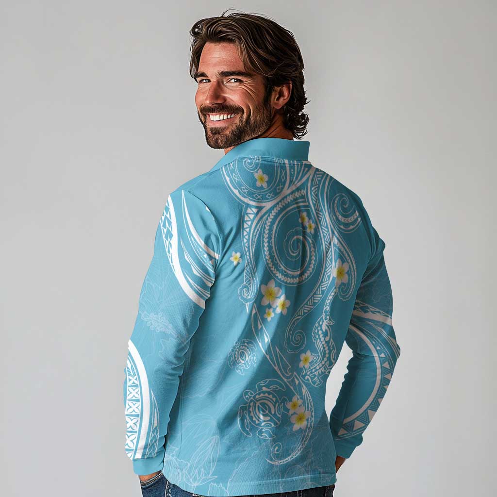 Polynesia Tribal Long Sleeve Polo Shirt Turquoise Plumeria Tentacles LT7 - Polynesian Pride