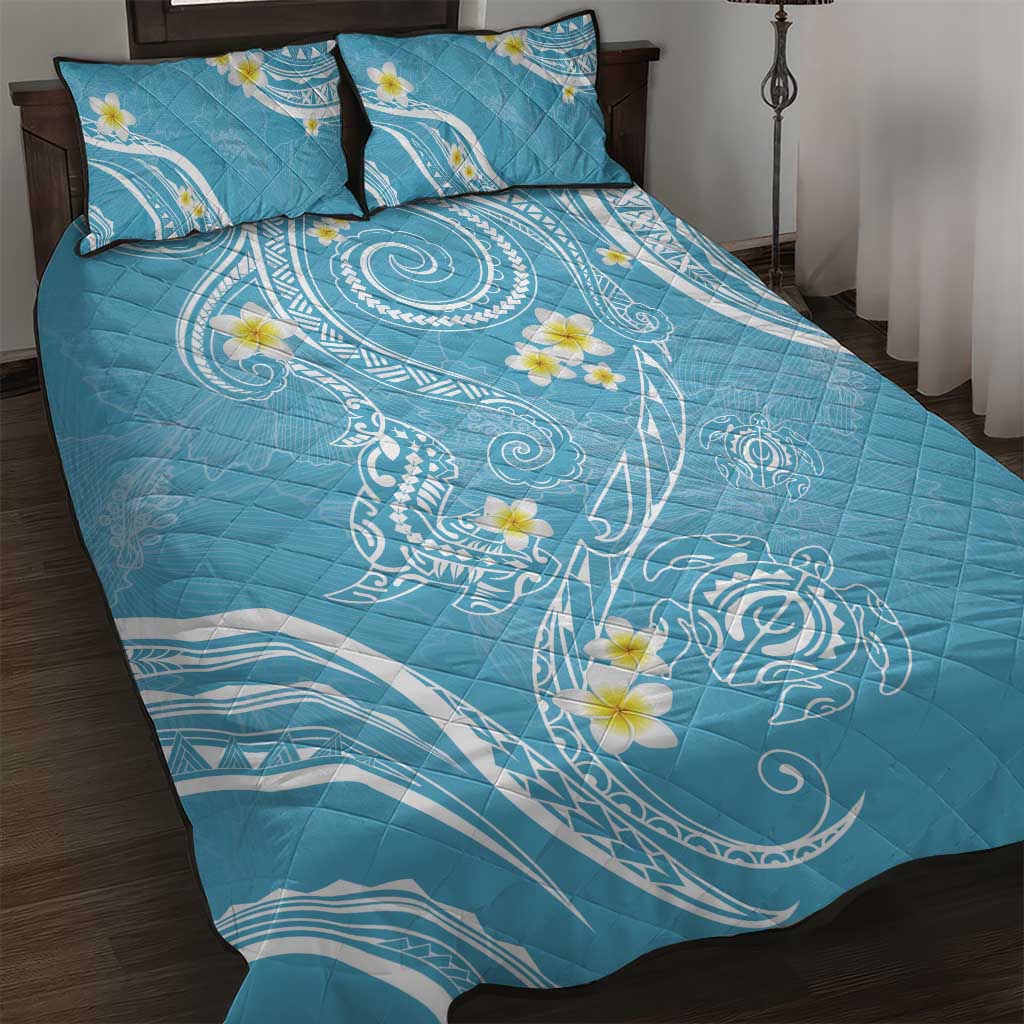 Polynesia Tribal Quilt Bed Set Turquoise Plumeria Tentacles