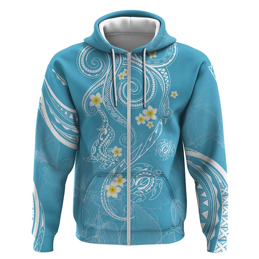 Polynesia Tribal Zip Hoodie Turquoise Plumeria Tentacles
