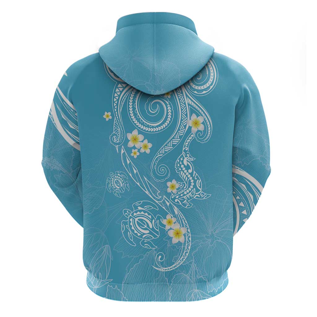 Polynesia Tribal Zip Hoodie Turquoise Plumeria Tentacles