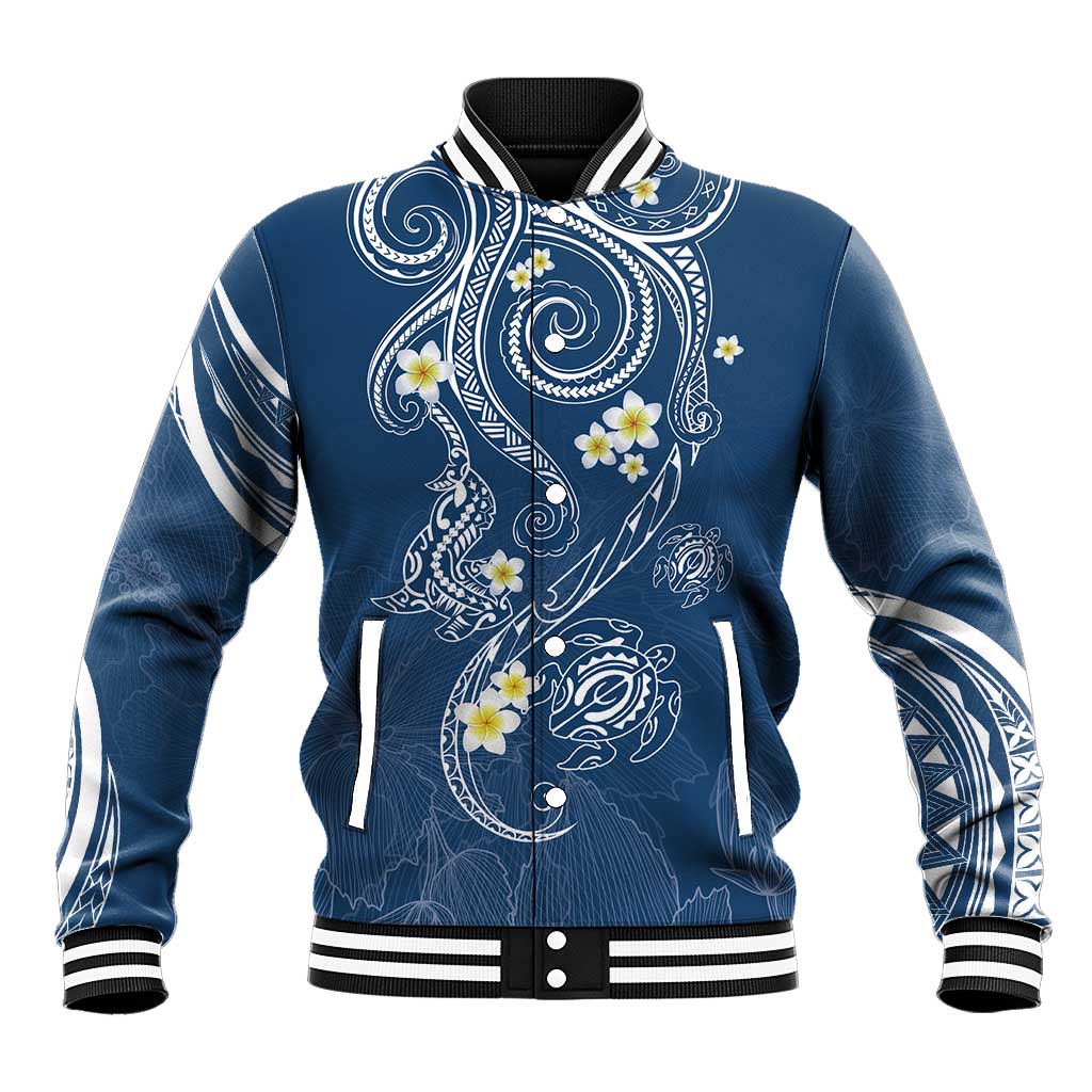 Polynesia Tribal Baseball Jacket Deep Blue Plumeria Tentacles LT7 Unisex Blue - Polynesian Pride