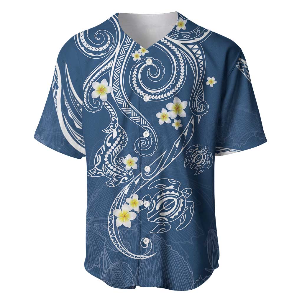 Polynesia Tribal Baseball Jersey Deep Blue Plumeria Tentacles LT7 Blue - Polynesian Pride
