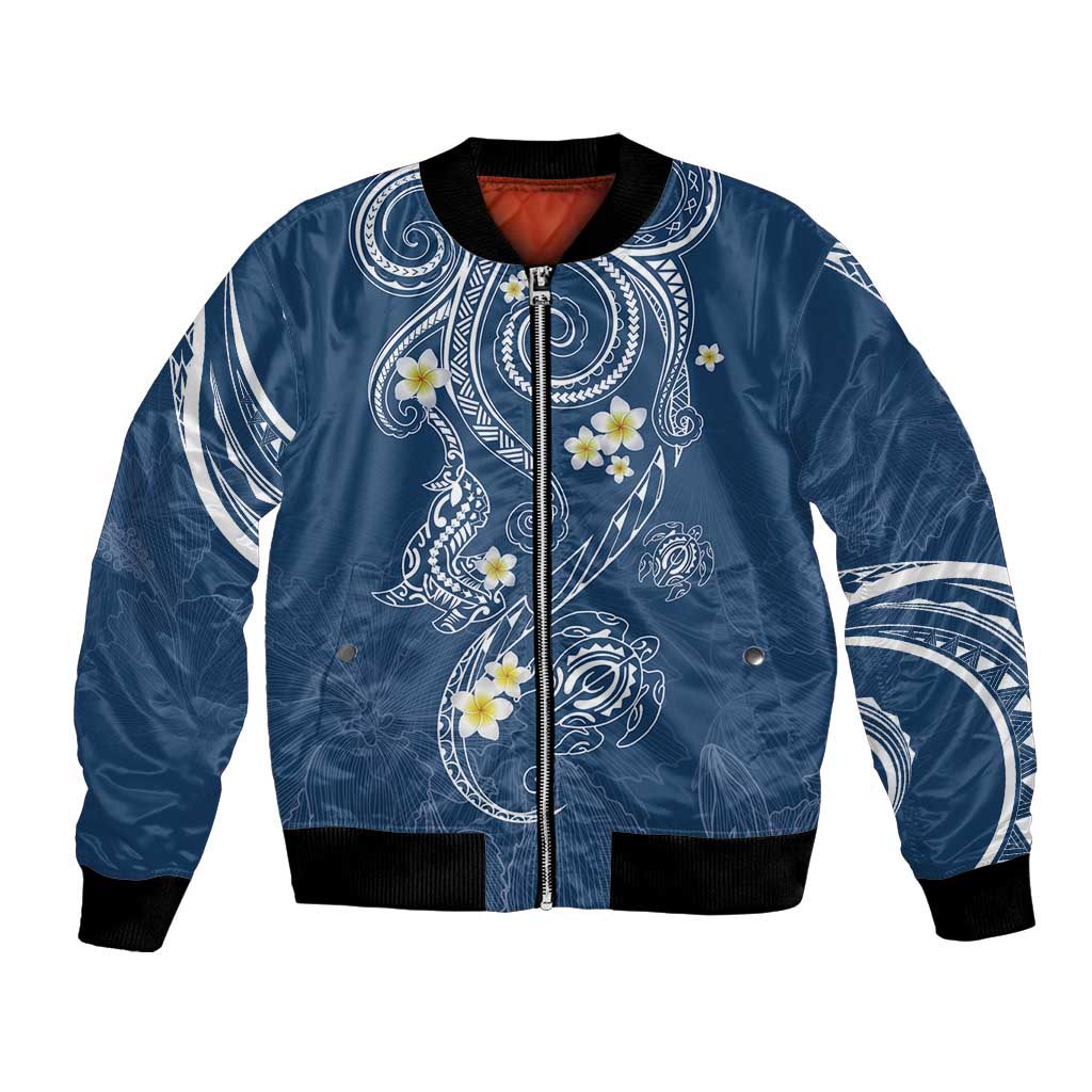 Polynesia Tribal Bomber Jacket Deep Blue Plumeria Tentacles