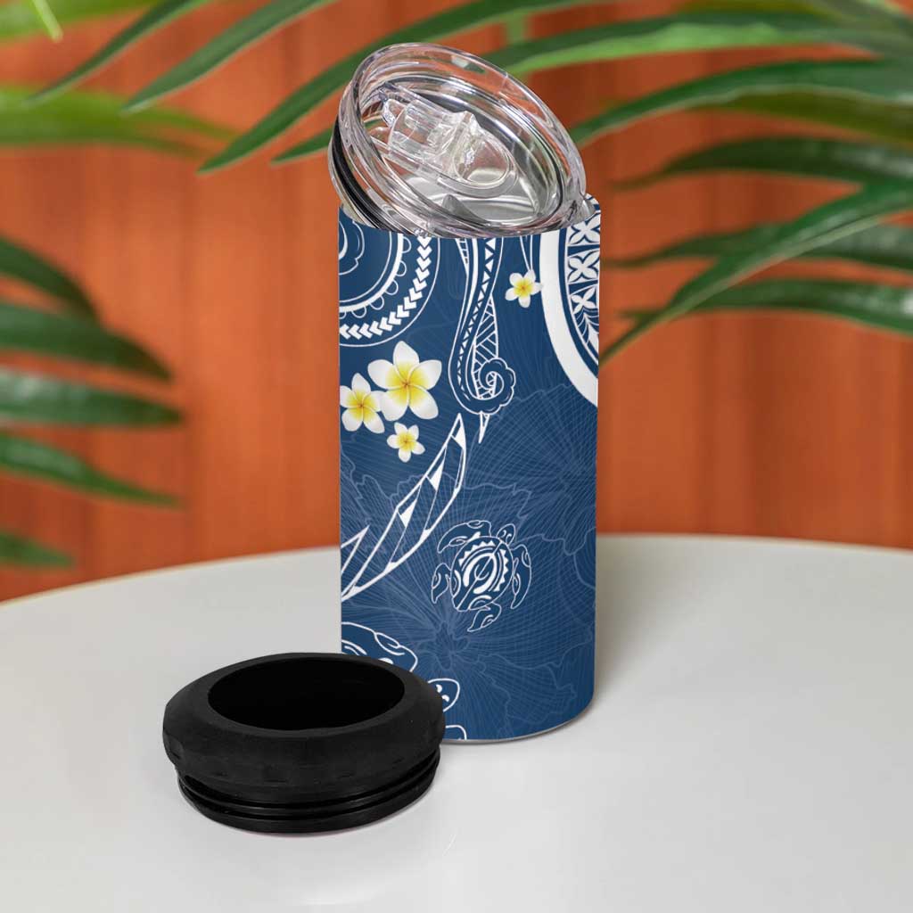 Polynesia Tribal 4 in 1 Can Cooler Tumbler Deep Blue Plumeria Tentacles