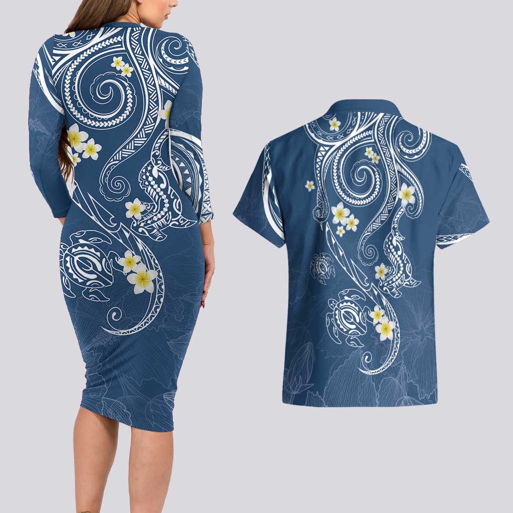 Polynesia Tribal Couples Matching Long Sleeve Bodycon Dress and Hawaiian Shirt Deep Blue Plumeria Tentacles
