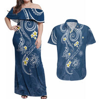 Polynesia Tribal Couples Matching Off Shoulder Maxi Dress and Hawaiian Shirt Deep Blue Plumeria Tentacles