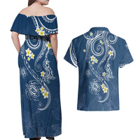 Polynesia Tribal Couples Matching Off Shoulder Maxi Dress and Hawaiian Shirt Deep Blue Plumeria Tentacles