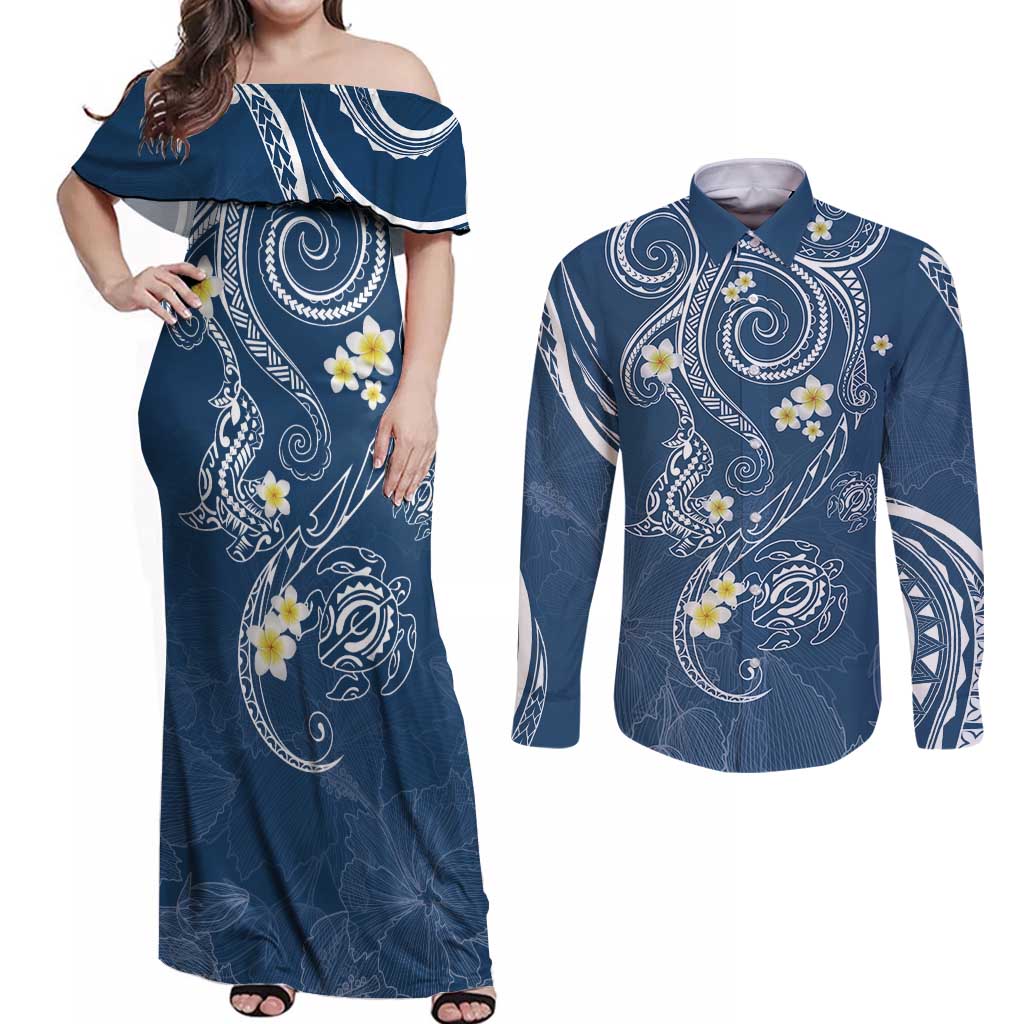 Polynesia Tribal Couples Matching Off Shoulder Maxi Dress and Long Sleeve Button Shirt Deep Blue Plumeria Tentacles