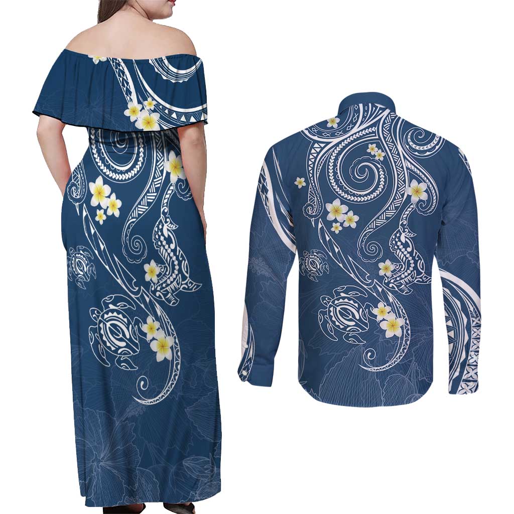 Polynesia Tribal Couples Matching Off Shoulder Maxi Dress and Long Sleeve Button Shirt Deep Blue Plumeria Tentacles