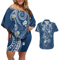 Polynesia Tribal Couples Matching Off Shoulder Short Dress and Hawaiian Shirt Deep Blue Plumeria Tentacles