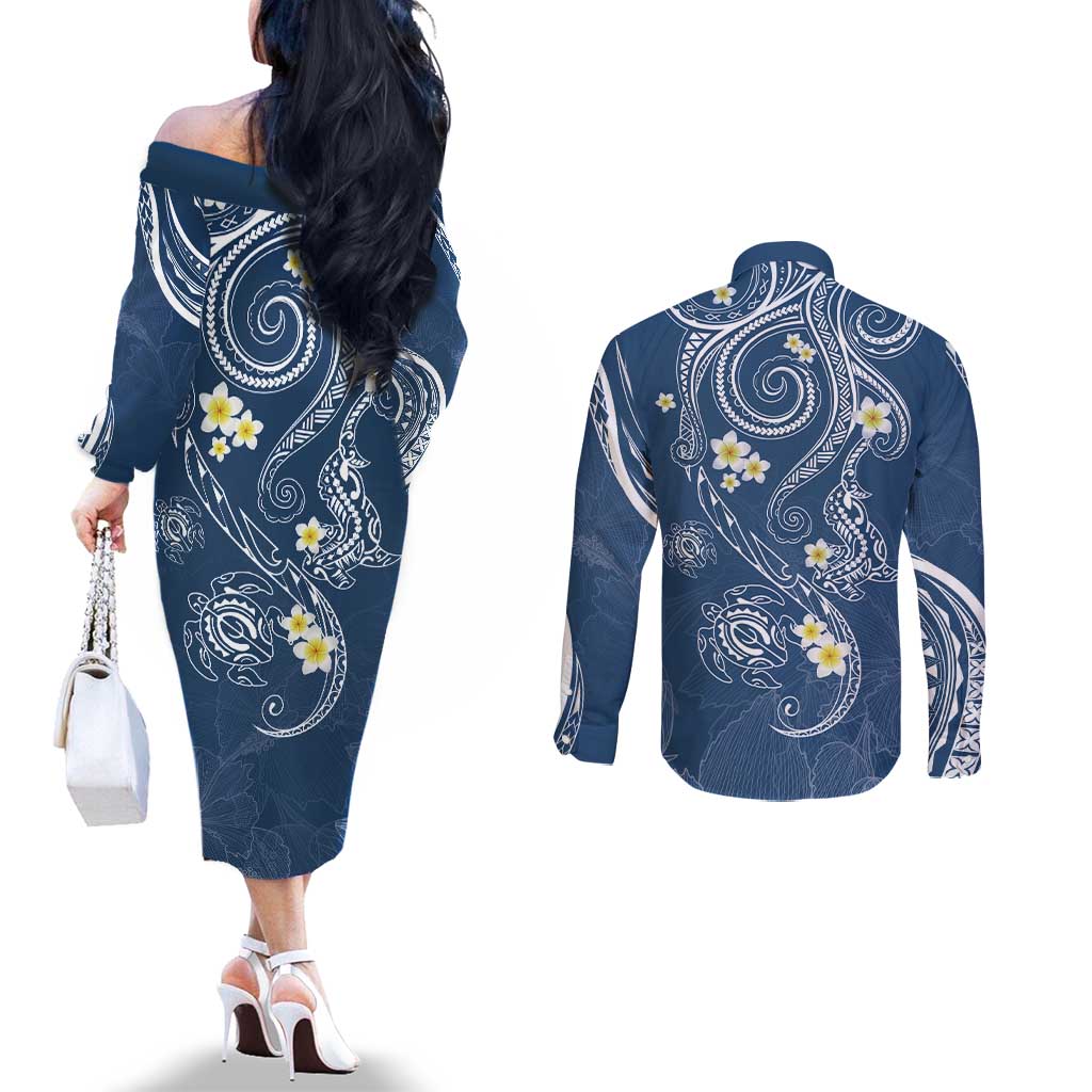 Polynesia Tribal Couples Matching Off The Shoulder Long Sleeve Dress and Long Sleeve Button Shirt Deep Blue Plumeria Tentacles LT7 - Polynesian Pride
