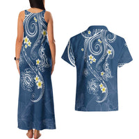 Polynesia Tribal Couples Matching Tank Maxi Dress and Hawaiian Shirt Deep Blue Plumeria Tentacles