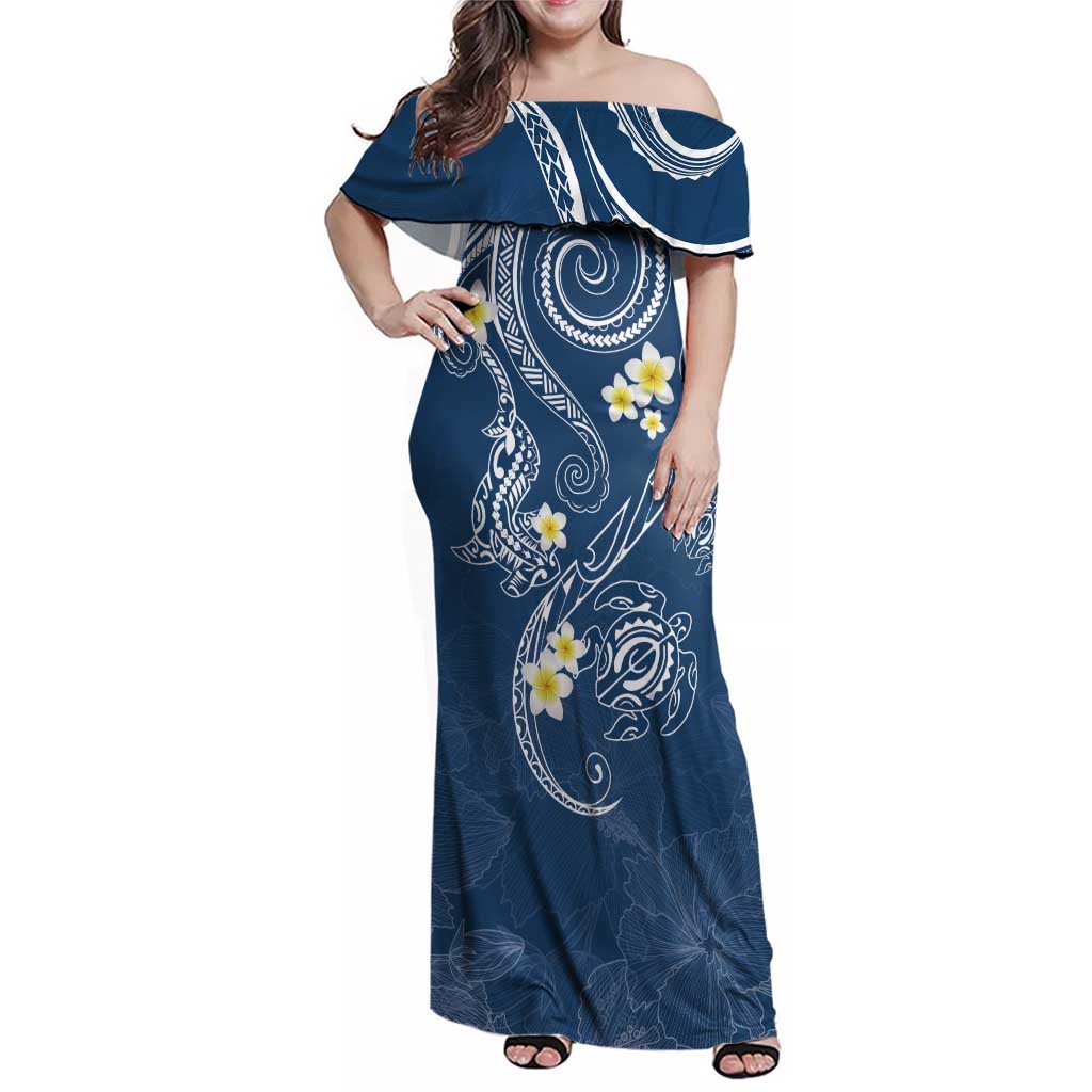 Polynesia Tribal Family Matching Off Shoulder Maxi Dress and Hawaiian Shirt Deep Blue Plumeria Tentacles