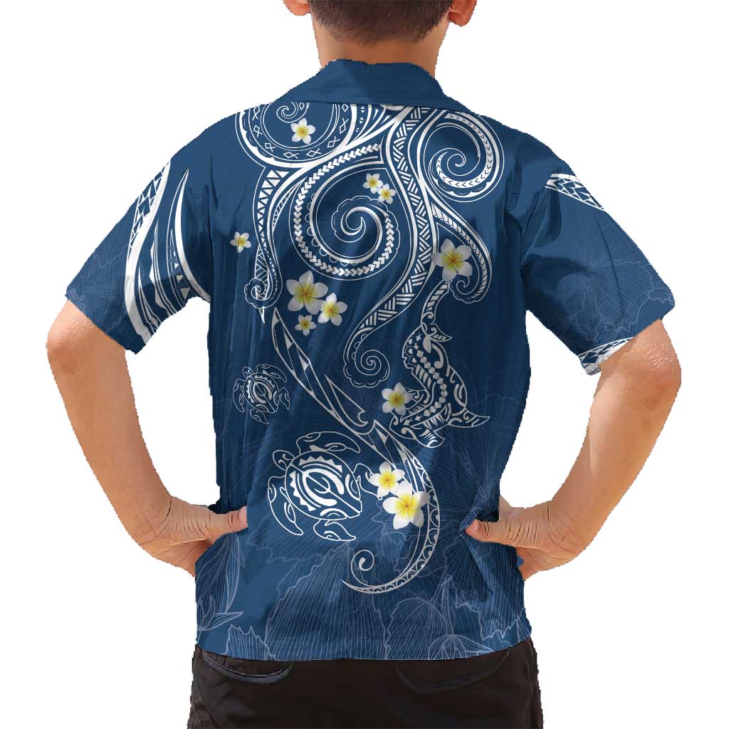 Polynesia Tribal Family Matching Off Shoulder Short Dress and Hawaiian Shirt Deep Blue Plumeria Tentacles
