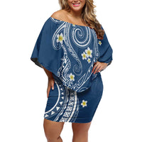 Polynesia Tribal Family Matching Off Shoulder Short Dress and Hawaiian Shirt Deep Blue Plumeria Tentacles