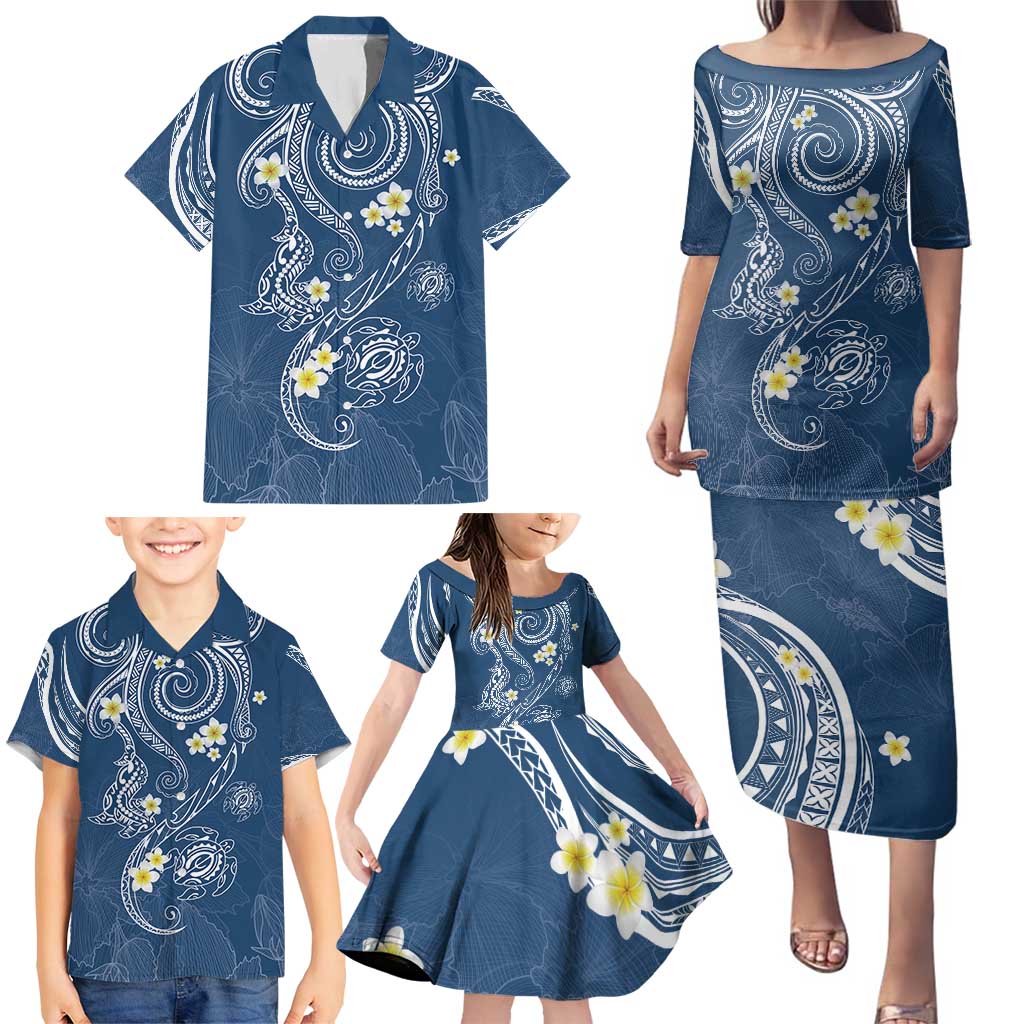 Polynesia Tribal Family Matching Puletasi and Hawaiian Shirt Deep Blue Plumeria Tentacles