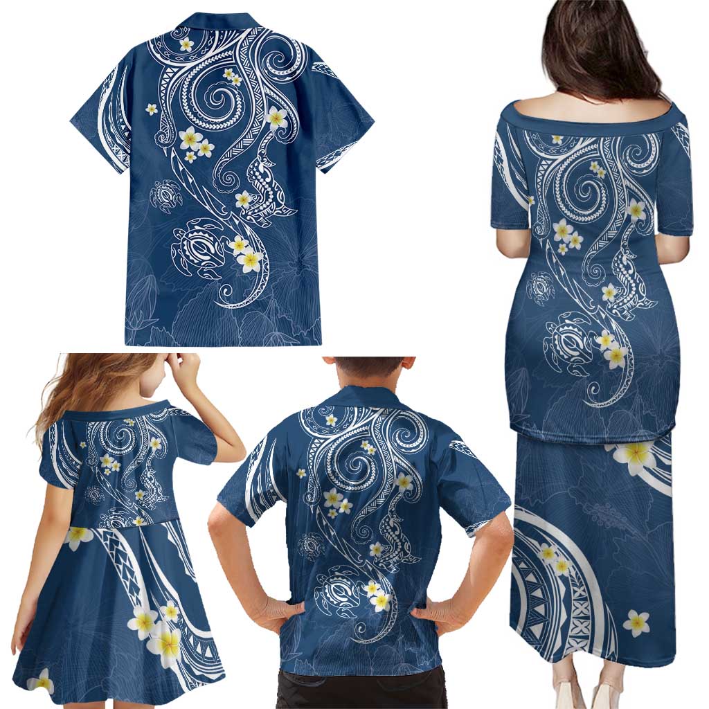 Polynesia Tribal Family Matching Puletasi and Hawaiian Shirt Deep Blue Plumeria Tentacles