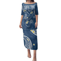 Polynesia Tribal Family Matching Puletasi and Hawaiian Shirt Deep Blue Plumeria Tentacles