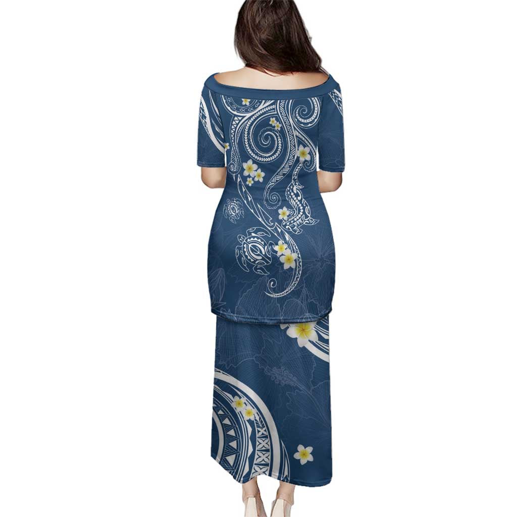 Polynesia Tribal Family Matching Puletasi and Hawaiian Shirt Deep Blue Plumeria Tentacles